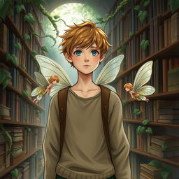 A young philosopher with short, light brown hair, blue eyes, and a fair complexion, strolling through his nature-themed library