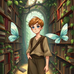 A young philosopher with short, light brown hair, blue eyes, and a fair complexion, strolling through his nature-themed library