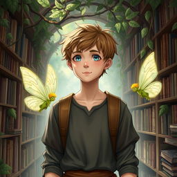 A young philosopher with short, light brown hair, blue eyes, and a fair complexion, strolling through his nature-themed library