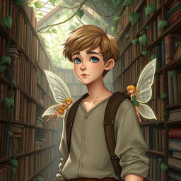 A young philosopher with short, light brown hair, blue eyes, and a fair complexion, strolling through his nature-themed library