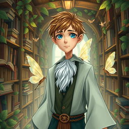 A wizarding philosopher with short, light brown hair, blue eyes, and a fair complexion, walking through his nature-themed library