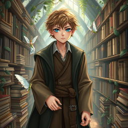 A wizarding philosopher with short, light brown hair, blue eyes, and a fair complexion, walking through his nature-themed library