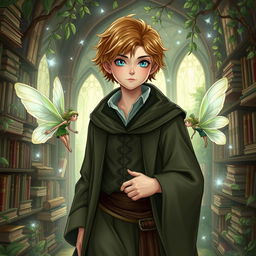 A wizarding philosopher with short, light brown hair, blue eyes, and a fair complexion, walking through his nature-themed library