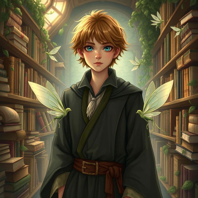 A wizarding philosopher with short, light brown hair, blue eyes, and a fair complexion, walking through his nature-themed library