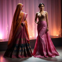 A mesmerizing transformation from a traditional Mekhela Chadar into a long, sexy gown