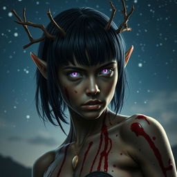 A striking image capturing a savage young female wood elf with bronze skin, deeply connected to her druidic roots