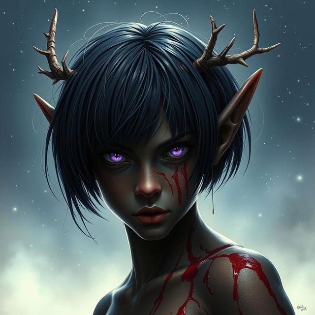 A striking image capturing a savage young female wood elf with bronze skin, deeply connected to her druidic roots