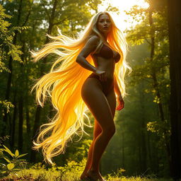 A sexy giant woman standing confidently in a lush green forest, towering over the trees