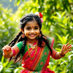 A vibrant and joyful depiction of a Bihu girl dressed in traditional Assamese attire