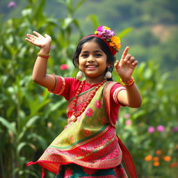 A vibrant and joyful depiction of a Bihu girl dressed in traditional Assamese attire