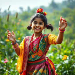 A vibrant and joyful depiction of a Bihu girl dressed in traditional Assamese attire