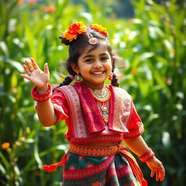 A vibrant and joyful depiction of a Bihu girl dressed in traditional Assamese attire