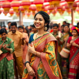 A picturesque portrayal of a Bihu celebration featuring a woman gracefully adorned in a Bihu Mekhela Sador