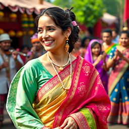 A picturesque portrayal of a Bihu celebration featuring a woman gracefully adorned in a Bihu Mekhela Sador