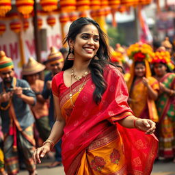 A picturesque portrayal of a Bihu celebration featuring a woman gracefully adorned in a Bihu Mekhela Sador