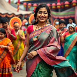 A picturesque portrayal of a Bihu celebration featuring a woman gracefully adorned in a Bihu Mekhela Sador