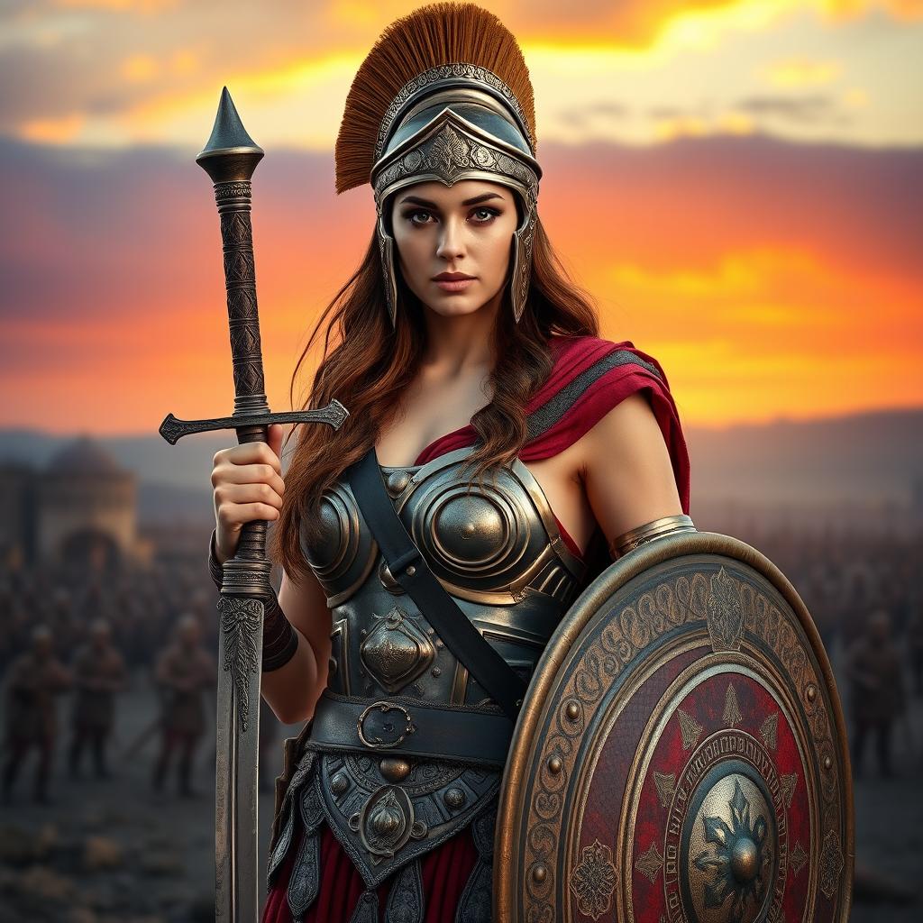 An alluring Roman female soldier from ancient times, donning an intricately detailed armor that accentuates her strength and beauty