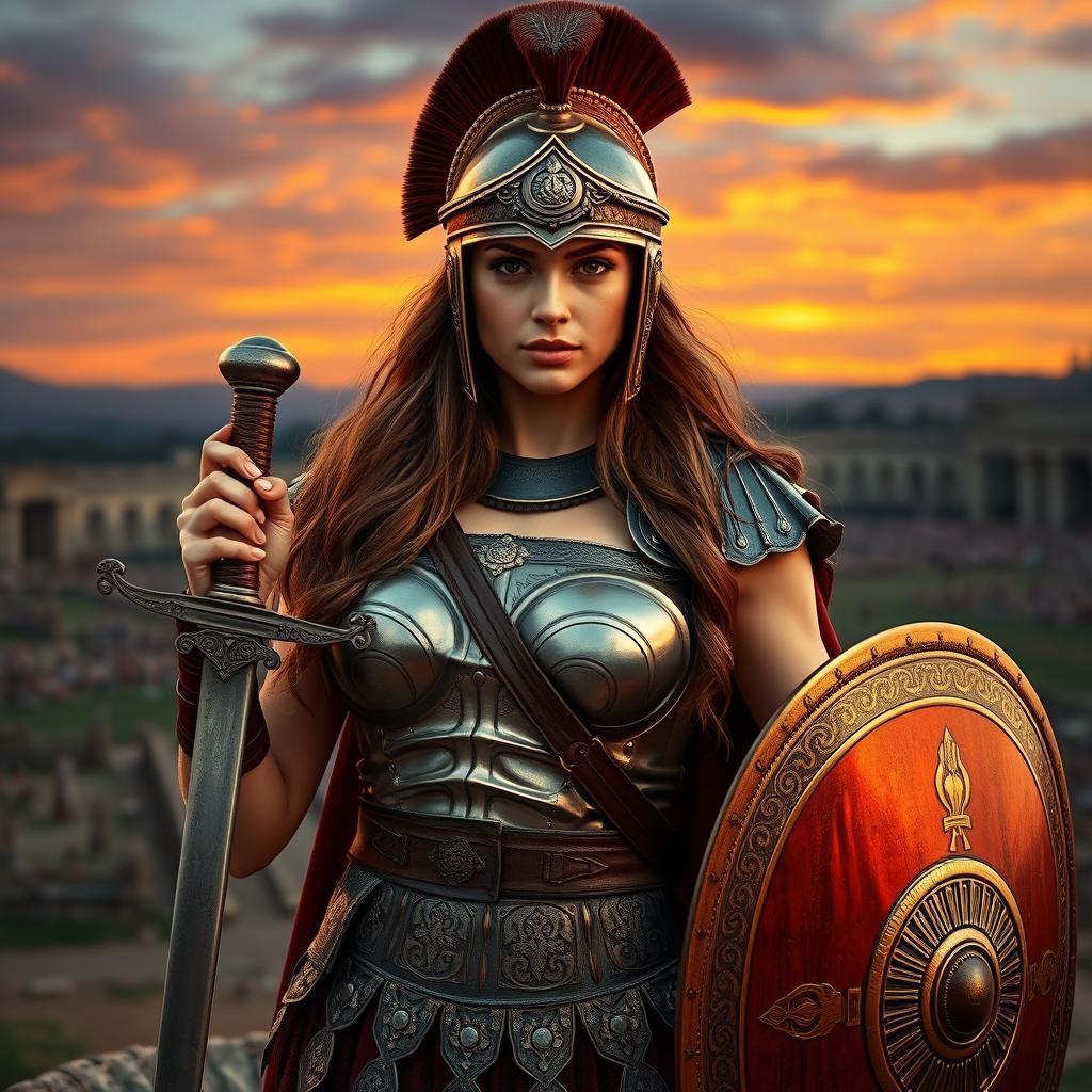 An alluring Roman female soldier from ancient times, donning an intricately detailed armor that accentuates her strength and beauty