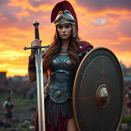 An alluring Roman female soldier from ancient times, donning an intricately detailed armor that accentuates her strength and beauty