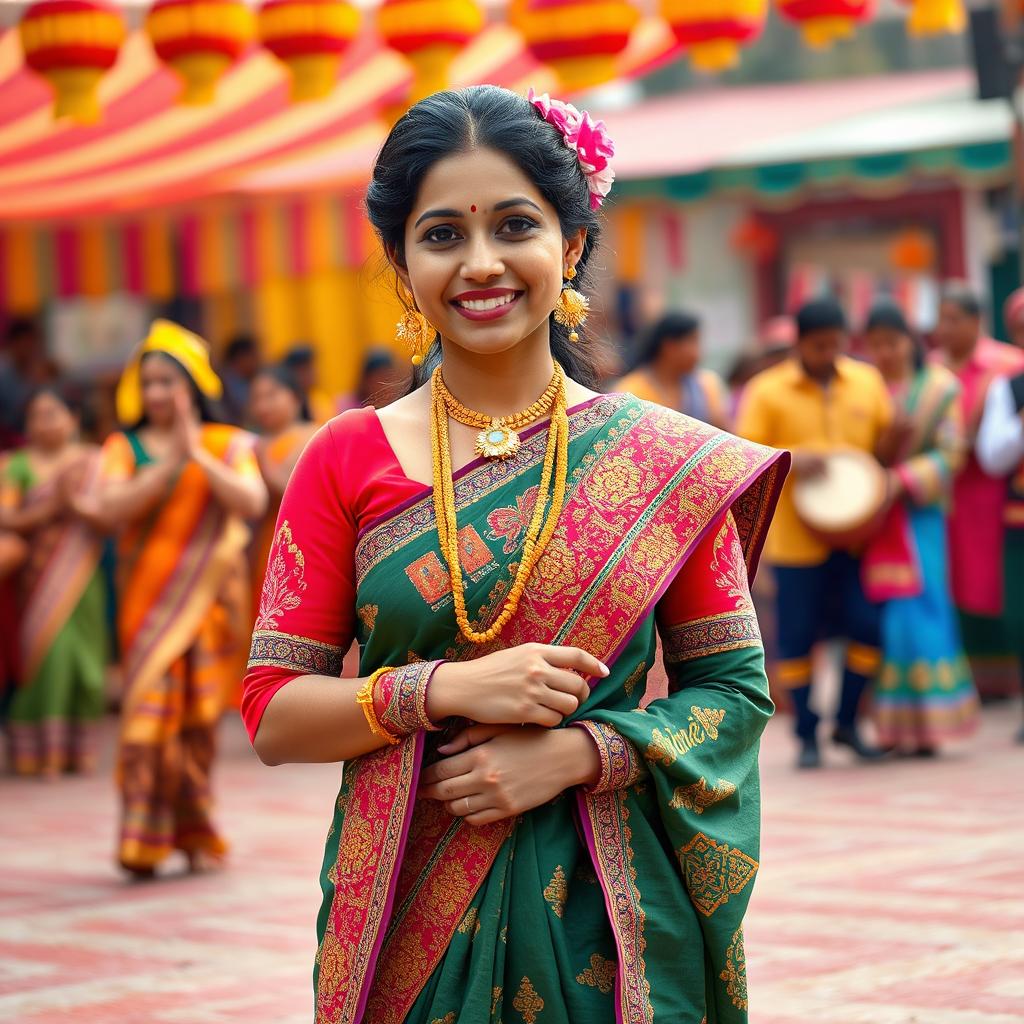 A stunning portrayal of a traditional Assamese woman in a Bihu Mekhela Sador