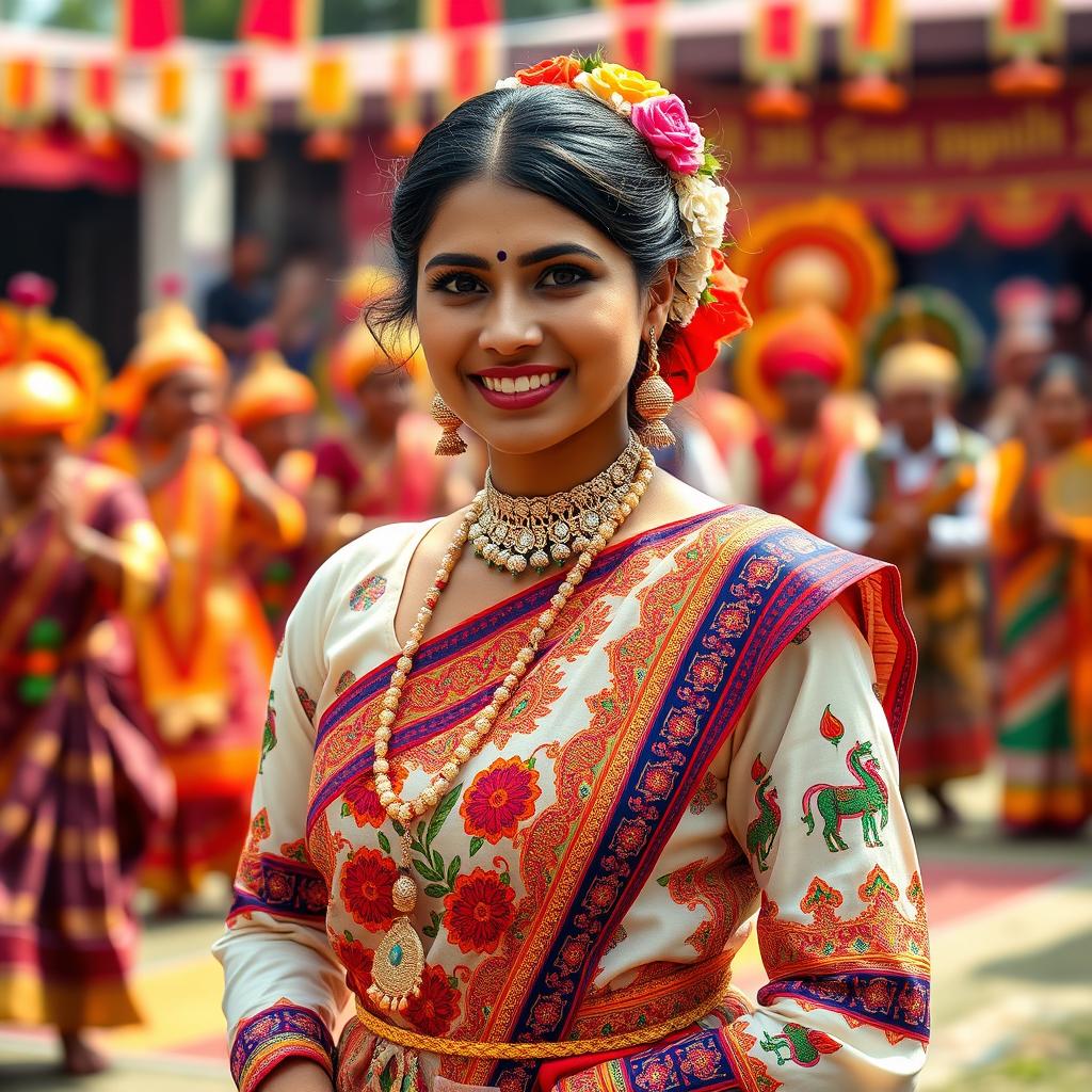 A stunning portrayal of a traditional Assamese woman in a Bihu Mekhela Sador