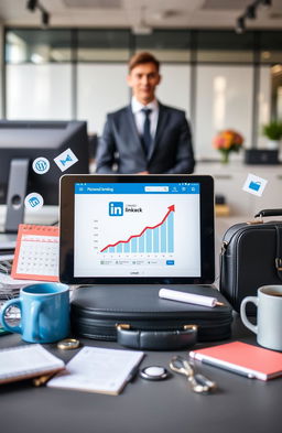 A well-organized layout featuring a LinkedIn interface on a digital tablet, surrounded by various elements representing personal growth and networking