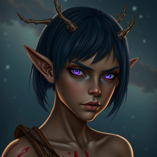 A fierce young female wood elf with bronze skin, reflecting her druidic essence