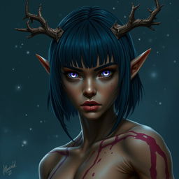 A fierce young female wood elf with bronze skin, reflecting her druidic essence