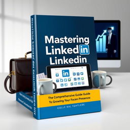 A captivating book cover design featuring a central image of a LinkedIn interface on a digital tablet, with the title "Mastering LinkedIn: A Comprehensive Guide to Growing Your Presence" prominently displayed