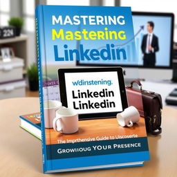 A captivating book cover design featuring a central image of a LinkedIn interface on a digital tablet, with the title "Mastering LinkedIn: A Comprehensive Guide to Growing Your Presence" prominently displayed