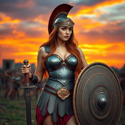 A voluptuous Roman female soldier from ancient times, showcasing her strength and allure with a figure-hugging armor that accentuates her curves