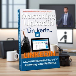 A captivating book cover design featuring a central image of a LinkedIn interface on a digital tablet, with the title "Mastering LinkedIn: A Comprehensive Guide to Growing Your Presence" prominently displayed