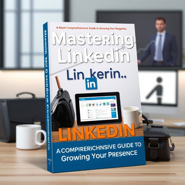 A captivating book cover design featuring a central image of a LinkedIn interface on a digital tablet, with the title "Mastering LinkedIn: A Comprehensive Guide to Growing Your Presence" prominently displayed