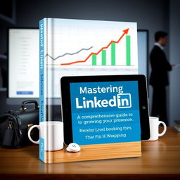 A captivating book cover design featuring a central image of a LinkedIn interface on a digital tablet, with the title "Mastering LinkedIn: A Comprehensive Guide to Growing Your Presence" prominently displayed