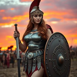 A voluptuous Roman female soldier from ancient times, showcasing her strength and allure with a figure-hugging armor that accentuates her curves