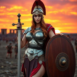 A voluptuous Roman female soldier from ancient times, showcasing her strength and allure with a figure-hugging armor that accentuates her curves