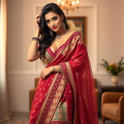 A beautiful woman wearing a traditional Mekhela Chadar, styled in a seductive and elegant manner