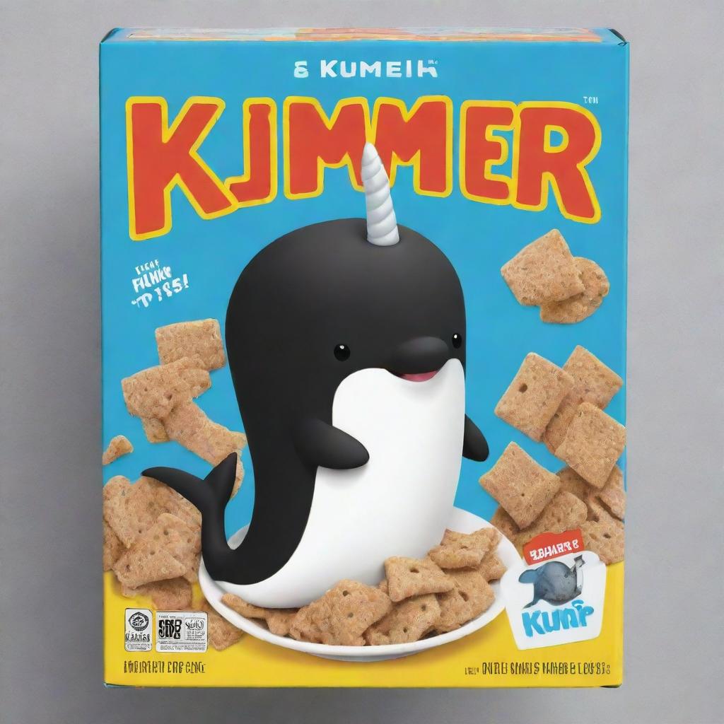 Design a black cereal box cover, featuring the name 'KUMER CRISP' in bold letters, and a charming narwhal mascot gleefully munching on the cereal.