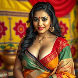 A voluptuous Indian woman with big breasts, wearing traditional South Asian attire