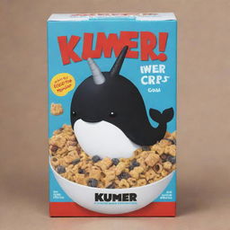 Design a black cereal box cover, featuring the name 'KUMER CRISP' in bold letters, and a charming narwhal mascot gleefully munching on the cereal.