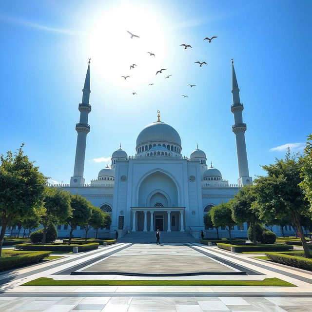 a serene and peaceful mosque with a clean and pristine appearance, surrounded by green and well-maintained gardens, a clear blue sky above and birds gently flying overhead, showcasing the efforts of people cleaning and preserving the beauty of the mosque area