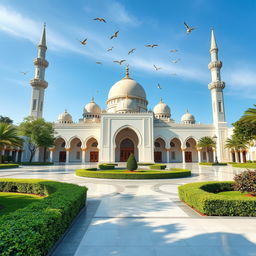 a serene and peaceful mosque with a clean and pristine appearance, surrounded by green and well-maintained gardens, a clear blue sky above and birds gently flying overhead, showcasing the efforts of people cleaning and preserving the beauty of the mosque area