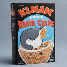 Design a black cereal box cover, featuring the name 'KUMER CRISP' in bold letters, and a charming narwhal mascot gleefully munching on the cereal.