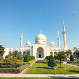 a serene and peaceful mosque with a clean and pristine appearance, surrounded by green and well-maintained gardens, a clear blue sky above and birds gently flying overhead, showcasing the efforts of people cleaning and preserving the beauty of the mosque area