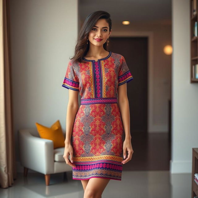 A modern twist on the traditional Mekhela Chadar, transformed into a stylish short dress