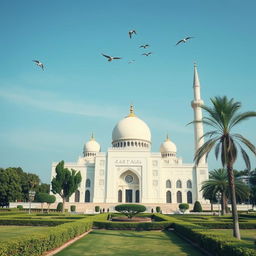 a serene and peaceful mosque with a clean and pristine appearance, surrounded by green and well-maintained gardens, a clear blue sky above and birds gently flying overhead, showcasing the efforts of people cleaning and preserving the beauty of the mosque area