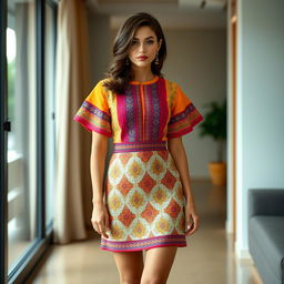 A modern twist on the traditional Mekhela Chadar, transformed into a stylish short dress