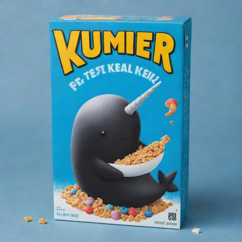 Design a black cereal box cover, featuring the name 'KUMER CRISP' in bold letters, and a charming narwhal mascot gleefully munching on the cereal.