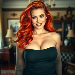 A striking, voluptuous woman with flowing, fiery red hair that cascades down her shoulders