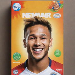 A vibrant cereal box featuring Neymar, the famous footballer. Neymar is showing a cheerful expression with a football-themed design surrounding him. His name and a tagline about health and energy are clearly visible on the box.